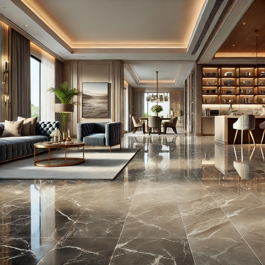 DALL·E 2024-11-02 21.17.02 - A hyper-realistic image showcasing premium quality tiles placed in various areas of a luxurious house. The scene includes high-end, polished tiles in