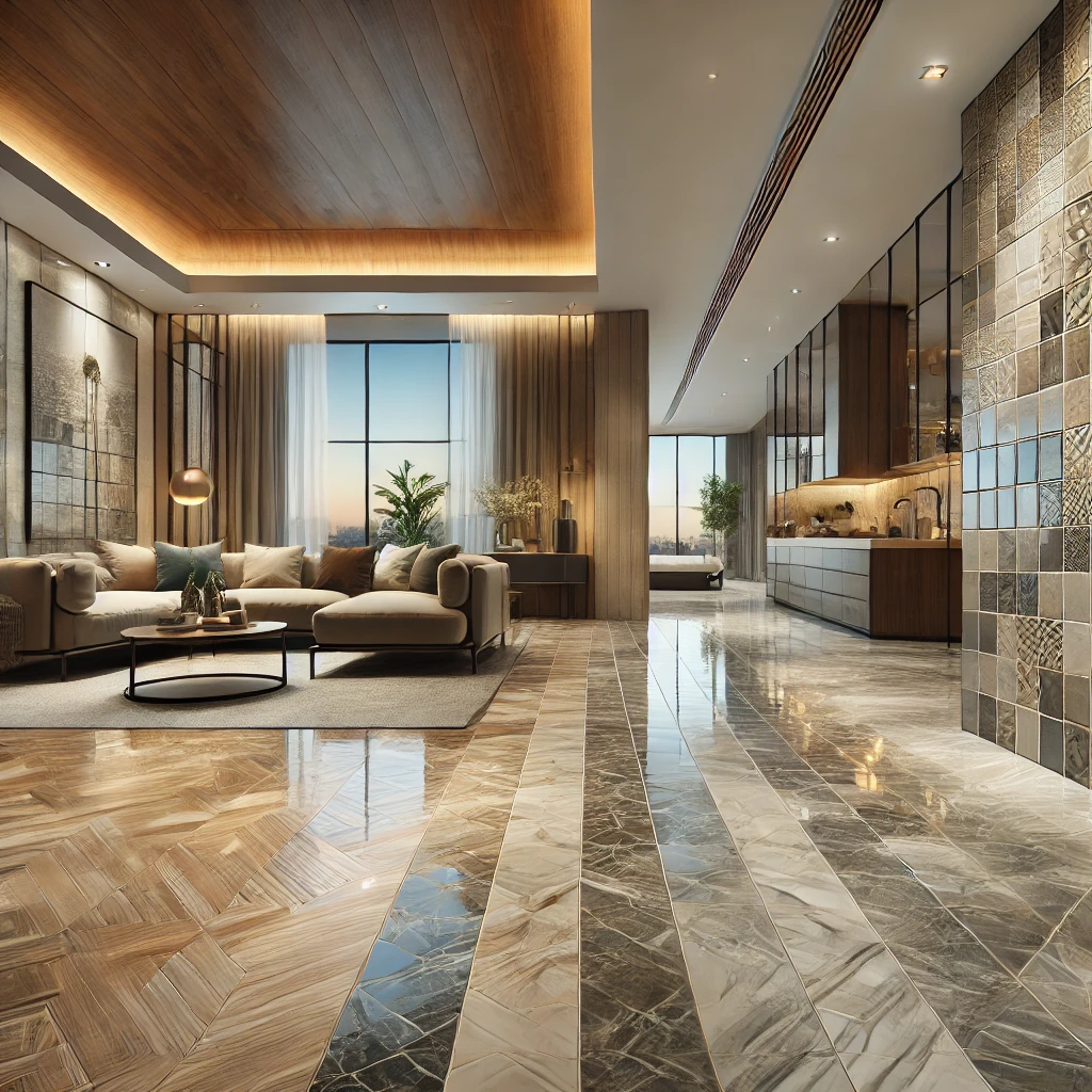 DALL·E 2024-11-02 21.17.06 - A hyper-realistic image showcasing premium quality tiles used creatively throughout a luxurious home. The tiles are applied not only on the floor but