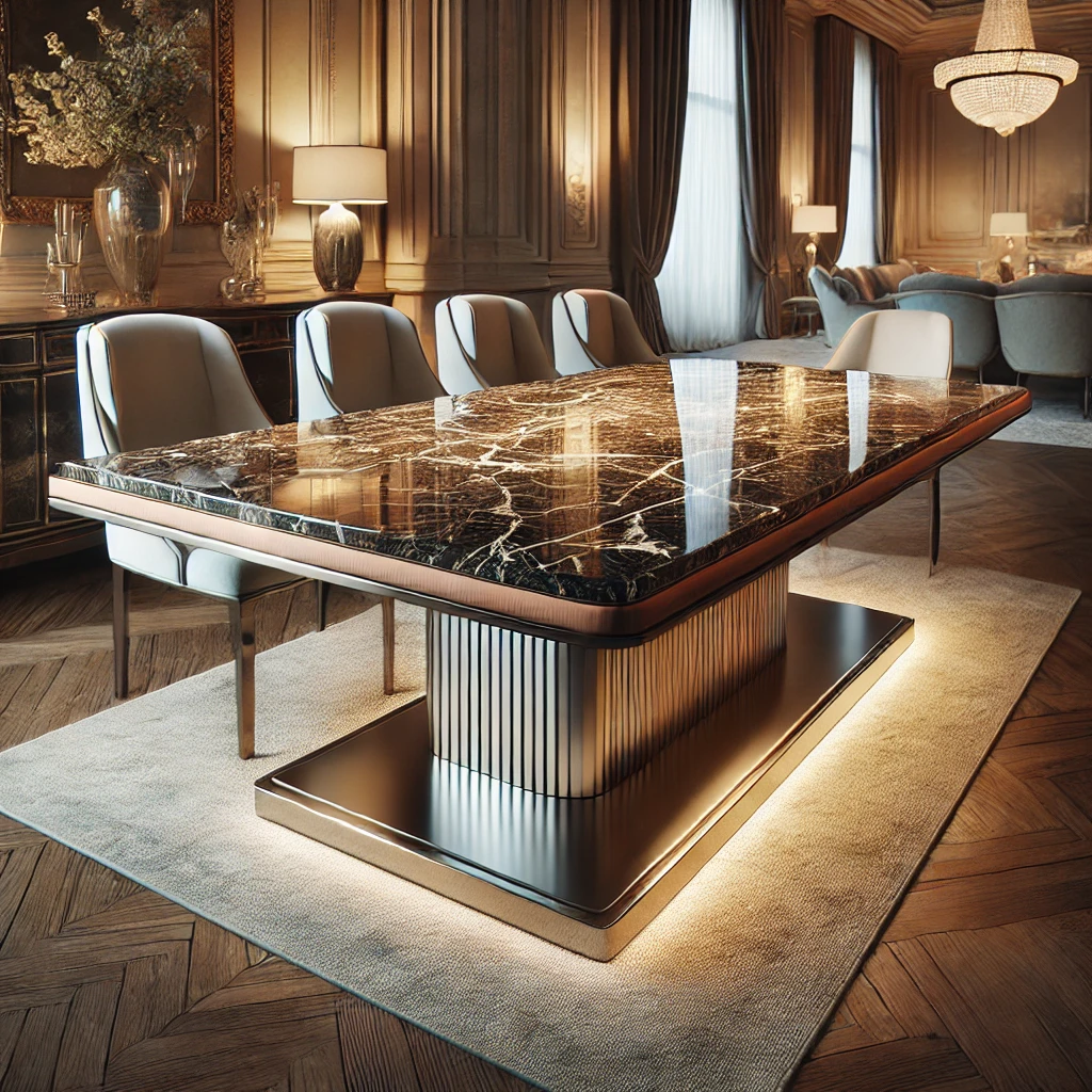 DALL·E 2024-11-02 21.17.17 - A hyper-realistic image of a luxury dining table with a premium marble-tiled tabletop, placed in an elegant interior setting. The table features a sle