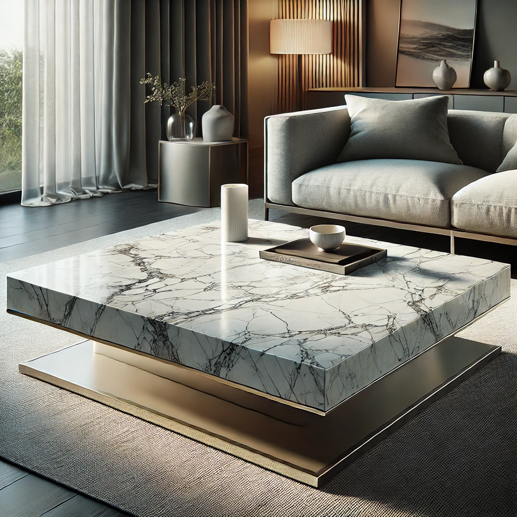 DALL·E 2024-11-02 21.17.23 - A hyper-realistic image of a luxury modern coffee table with a realistic marble-tiled tabletop, set in a contemporary living room. The tabletop featur